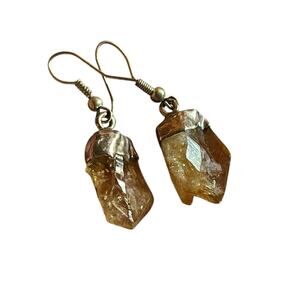 Citrine Raw Stone Handmade Earrings - Silver Plated